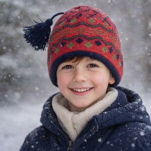L.L.Bean Red Fair Isle Tassel Knit Hat Winter Fleece Lined Kids‎ L